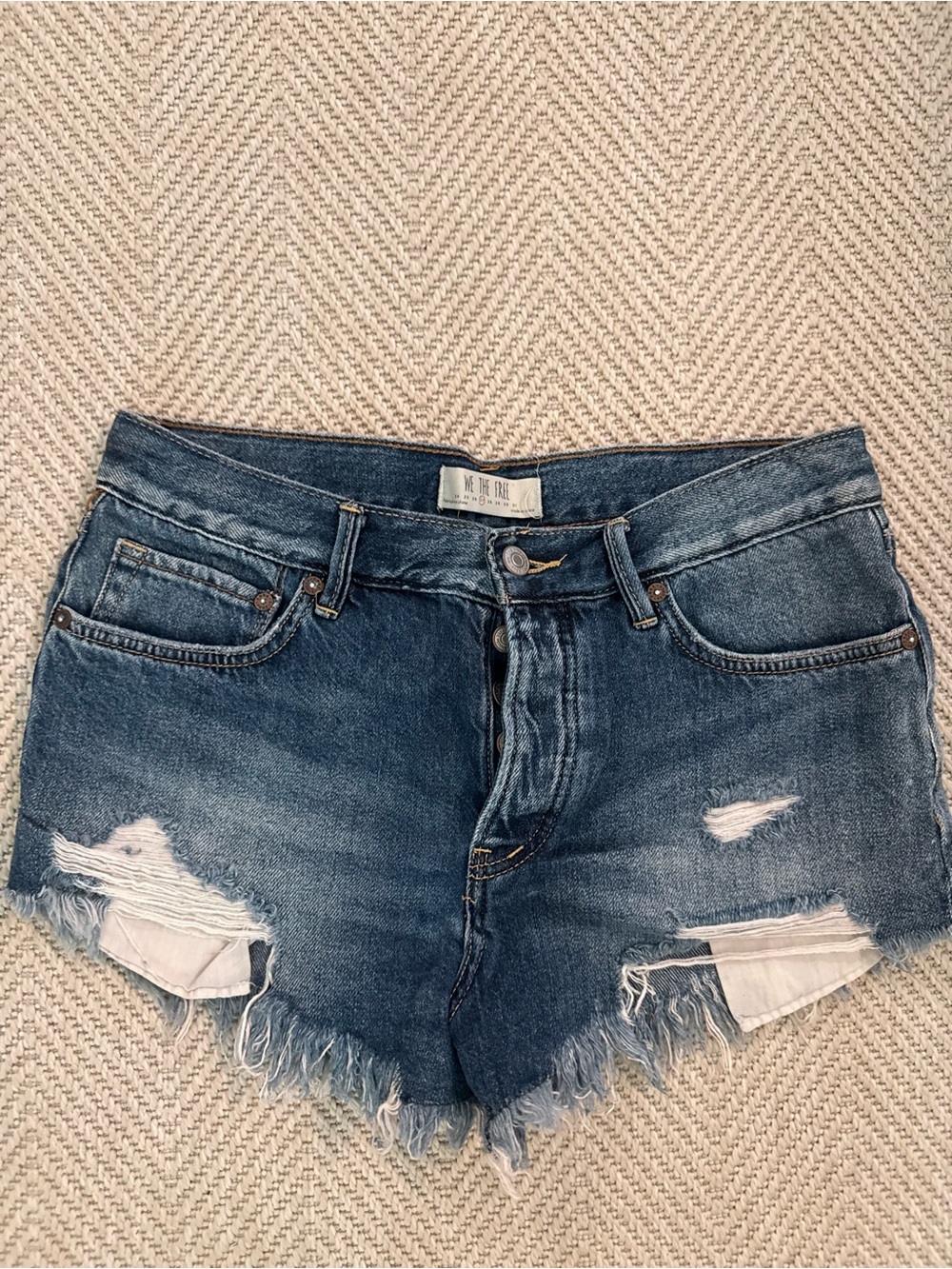 We The Free Distressed Frayed Hem Denim Shorts - Blue